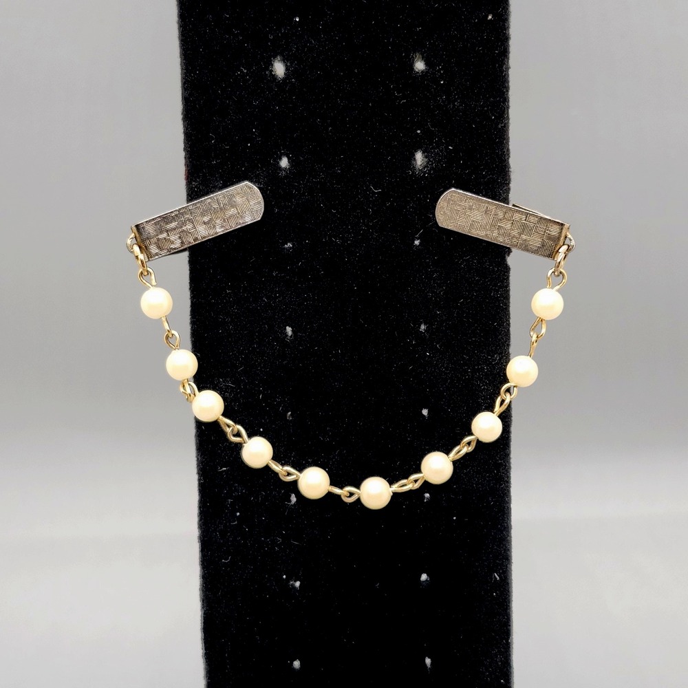 Vintage Sweater Clip Guard Faux Pearls Silver Tone Chain MCM Retro 1950s